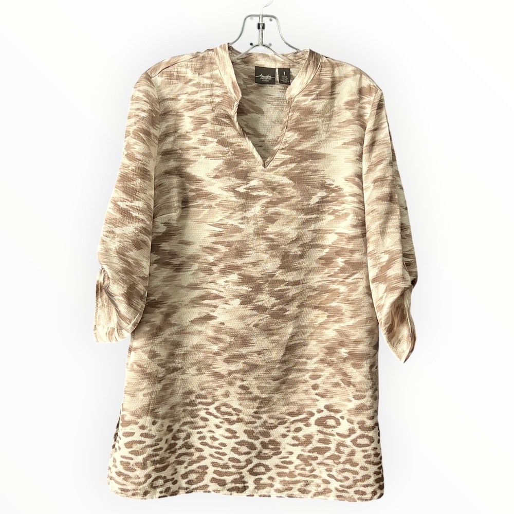 Chico's Travelers 1 Beige Brown Animal Abstract Print Tunic Top Roll Tab Sleeve